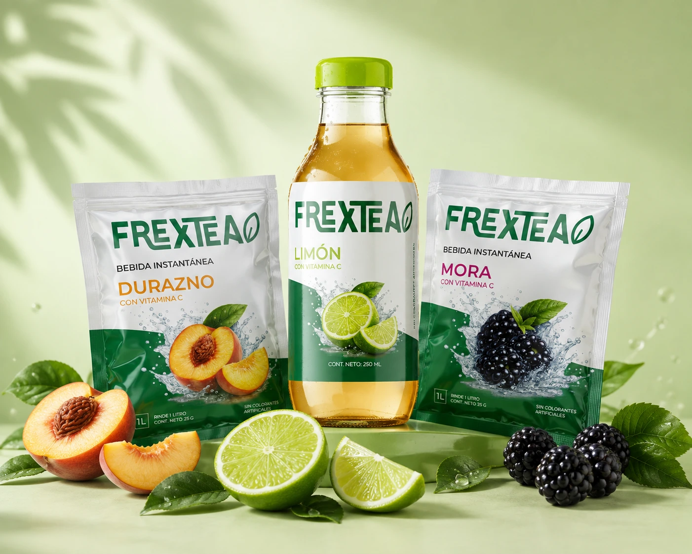 Botella y sobres de té instantáneo FrexTea