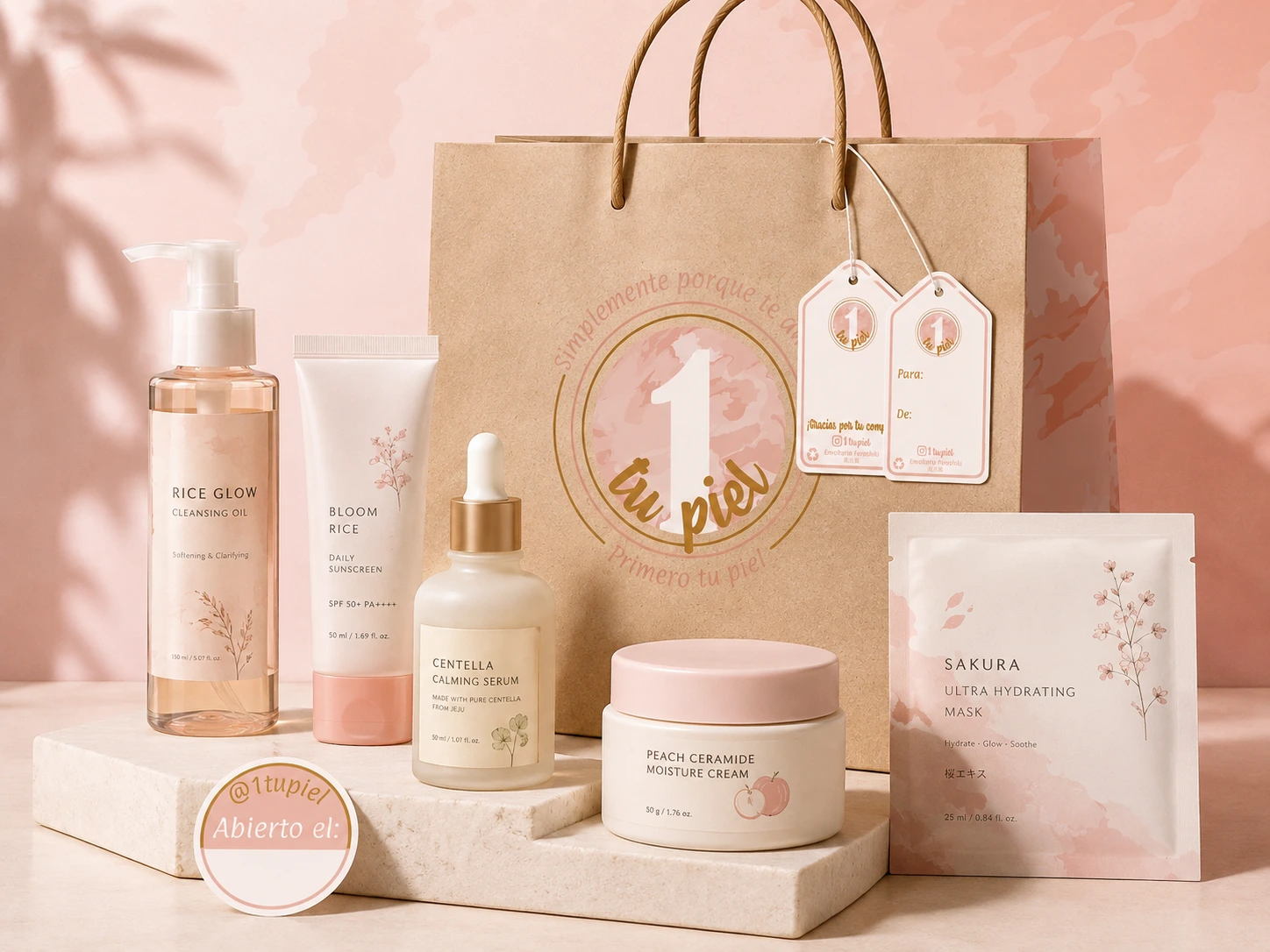 Packaging de 1 Tu Piel con bolsas, productos y etiquetas